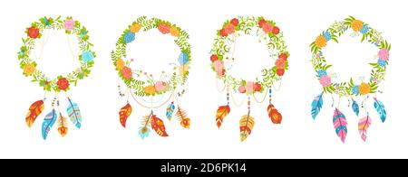 Floral wreath with feathers, boho style cartoon set. Colorful flowers, dreamcatcher and bird feathers, talisman sweet dream. Native American indian design, space for text. Vector ethnic bohemian style Stock Vector
