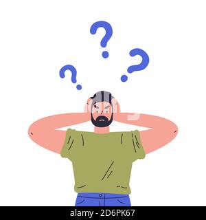 Confused young guy with question marks Stock Vector