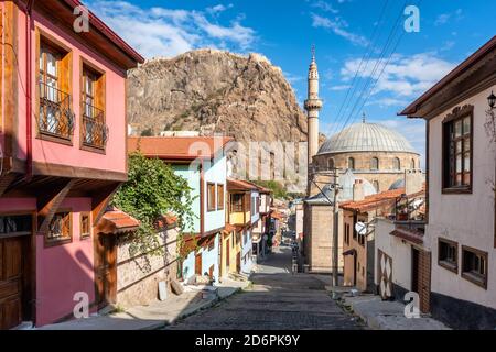 Street with traditional turkish ottoman houses in Afyonkarahisar city, Turkey Stock Photo