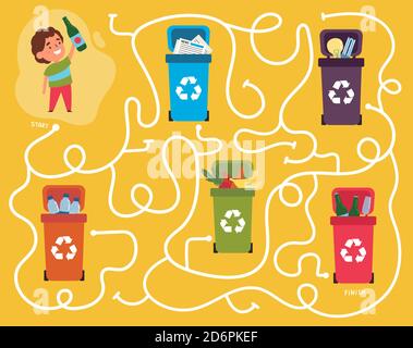 Recycling maze for kids with a solution Stock Vector