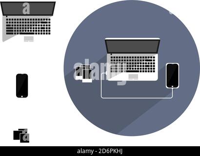 Laptop connected to a phone ,illustration, vector on white background. Stock Vector