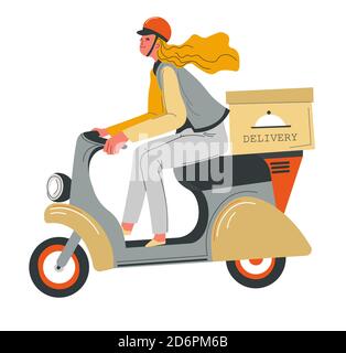Food delivery, woman riding moped scooter with box Stock Vector