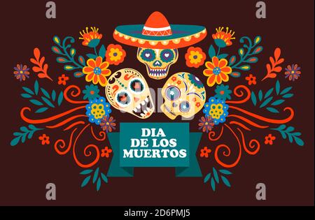 Dia de los muertos, skulls with sombrero and flowers Stock Vector