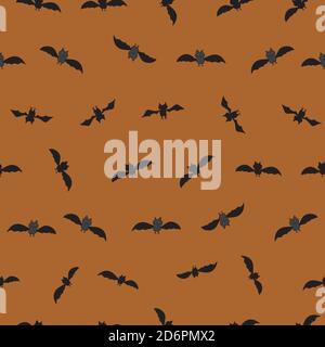 Bats in flight in lines black silhouettes on orange halloween background seamless repeat vector surface pattern design Stock Vector