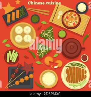 Chinese cuisine seafood and dumplings green tea dishes Stock Vector