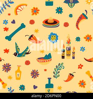 Mexico traditional symbols and cultural signs seamless pattern Stock Vector
