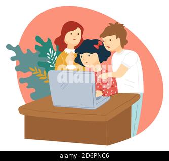 Three kids playing computer game at home 368367 Vector Art at Vecteezy
