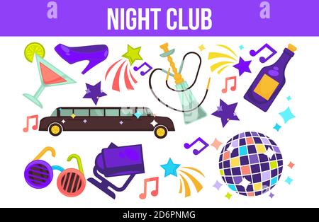 Night club partying elements limo and hookah disco ball Stock Vector