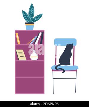 Bookshelf with houseplant and cat sitting on chair Stock Vector