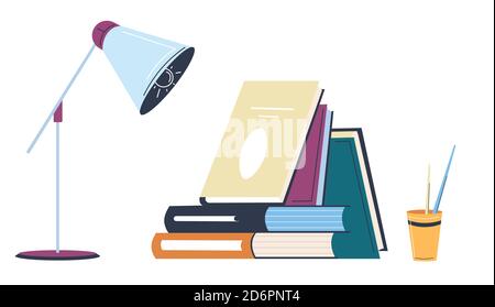 Pile of books with pencils and lamp vector Stock Vector
