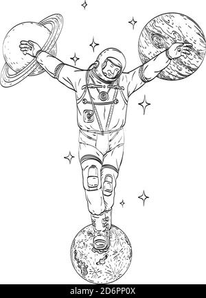 Line art drawing illustration of an astronaut or cosmonaut wearing spacesuit crucified on planet Saturn, Jupiter and the moon with stars in background Stock Vector