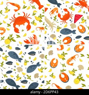 Fish and crab seafood seamless patterns lobster and squid Stock Vector