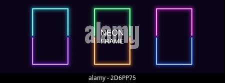 Neon rectangle Frame. Set of rectangular neon Border in 2 outline parts. Vector geometric shape with copy space, futuristic glowing element for social Stock Vector