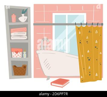 Bathroom interior design, bathtub and shelves storage vector Stock Vector