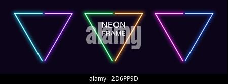 Neon triangle Frame. Set of triangular neon Border in 2 outline parts. Geometric shape with copy space, futuristic glowing element for social media st Stock Vector