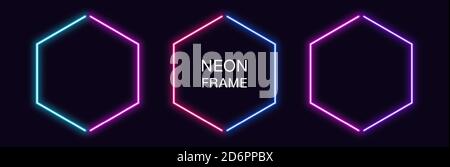 Neon hexagon Frame. Set of hexagonal neon Border in 2 outline parts. Geometric shape with copy space, futuristic glowing element for social media stor Stock Vector