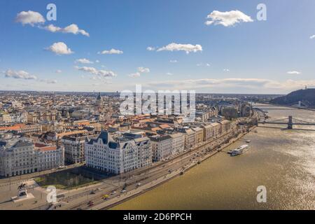 Aerial drone shot of Hungarian Ministry of Justice in Kossuth Square in Budapest winter noon Stock Photo