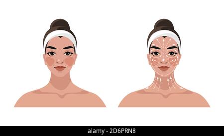 Instructions for face and neck massage, face building, lifting and lymphatic drainage, anti-aging beauty care for women. Scheme of massage lines. Cartoon vector illustration isolated on white background Stock Vector