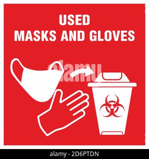 Red sign of trash bucket for used medical mask and gloves concept icon Stock Vector
