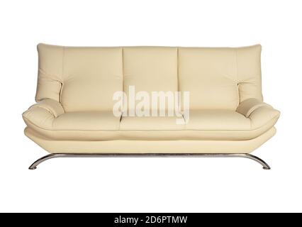 Stylish beige leather sofa isolated on white background Stock Photo