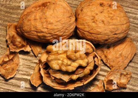 Close up of walnuts on the table Stock Photo