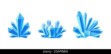 Ice crystals or gem stones with shade. Set of crystal druses made of blue mineral isolated in white background. Vector illustration in cartoon style Stock Vector