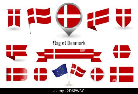 The Flag of Denmark. Big set of icons and symbols. Square and round Danmark flag. Collection of different flags of horizontal and vertical. Stock Vector