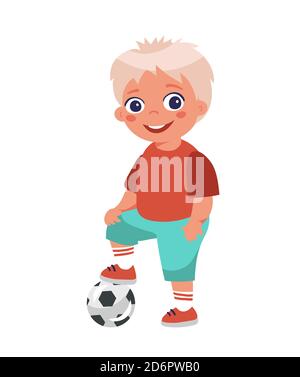 Boy soccer player posing put his foot on the ball. Cartoon character isolated on white background. Young soccer player in shorts. Flat design Stock Vector