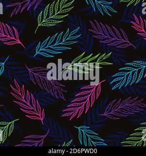 Hand drawn leaf seamless pattern design. Neon colors on black background. Vector illustration for surface design, print, poster, icon, web, graphic de Stock Vector