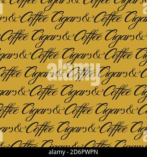 Cigars and coffee seamless pattern. Black and gold repeat pattern. Vector text illustration for surface design, print, poster, icon, web, graphic desi Stock Vector