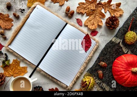Autumn, fall or halloween composition made of dried leaves, pumpkin, pine cones, acorns, warm scarf and hand with cup of coffee on concrete background Stock Photo