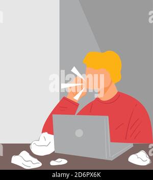 Man working from home or office coughing and sneezing Stock Vector