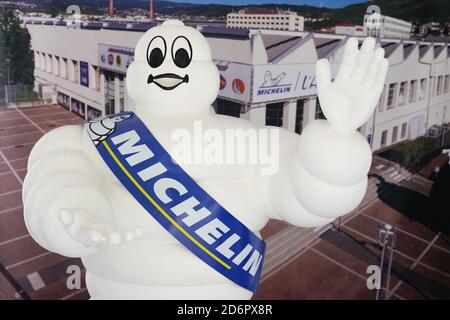 Clermont-Ferrand , Auvergne / France - 09 01 2020 : michelin bibendum logo and text sign front of museum shop of tyres Stock Photo