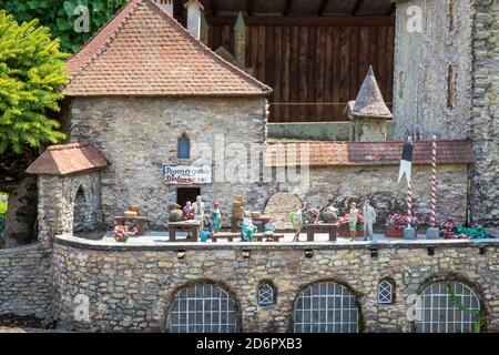 A view of Swissminiatur, open-air miniature park placed in Melide, on the shore of Lake Lugano, Melide, Lugano, Switzerland, Europe. Stock Photo