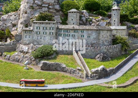 A view of Swissminiatur, open-air miniature park placed in Melide, on the shore of Lake Lugano, Melide, Lugano, Switzerland, Europe. Stock Photo
