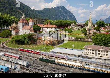 A view of Swissminiatur, open-air miniature park placed in Melide, on the shore of Lake Lugano, Melide, Lugano, Switzerland, Europe. Stock Photo