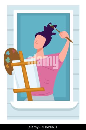 Artist drawing on easel on balcony, quarantine activities Stock Vector