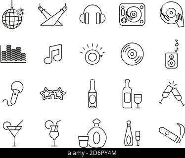 Disco Or Night Club Icons Black & White Thin Line Set Big Stock Vector