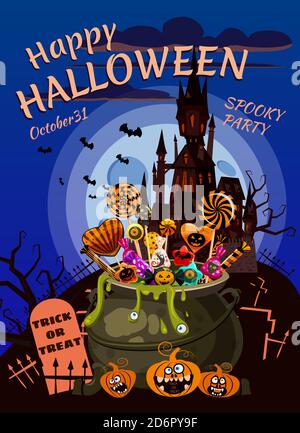 Hello Halloween Cauldron full of Candies and sweets. Autumn october holiday dark mansion cemetery tradition celebration banner poster template party Stock Vector