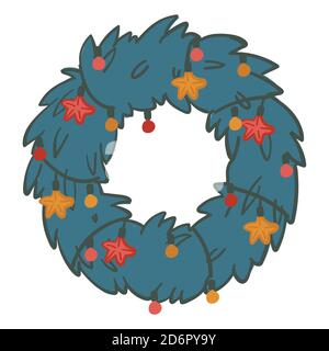 Christmas pine branches wreath with garlands and stars Stock Vector