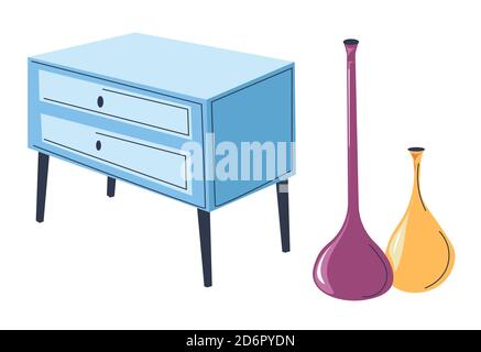 Chest of drawers with modern vases, interior design Stock Vector