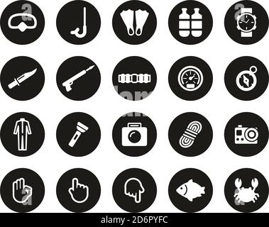 Diving & Diving Gear Icons White On Black Flat Design Circle Set Big Stock Vector