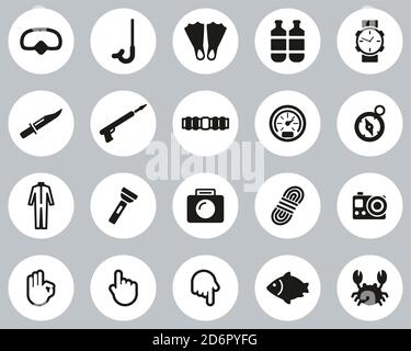 Diving & Diving Gear Icons Black & White Flat Design Circle Set Big Stock Vector