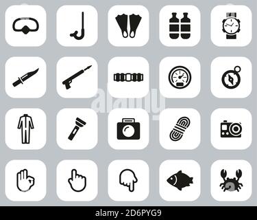 Diving & Diving Gear Icons Black & White Flat Design Set Big Stock Vector