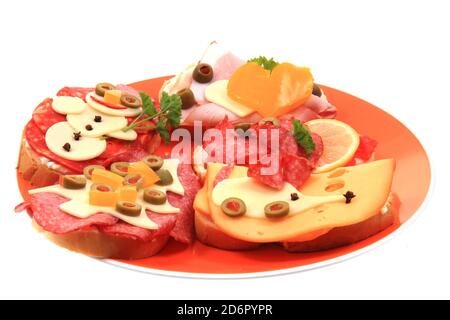 funny sandwiches for children isolated on the white background Stock Photo