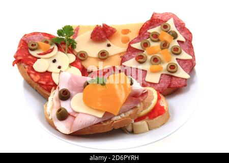 funny sandwiches for children isolated on the white background Stock Photo