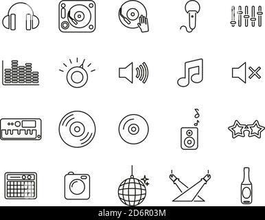 DJ & DJ Equipment Icons Black & White Thin Line Set Big Stock Vector