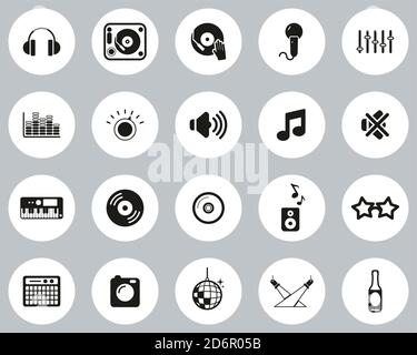 DJ & DJ Equipment Icons Black & White Flat Design Circle Set Big Stock Vector