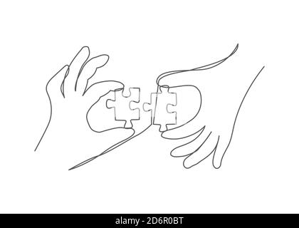 Hands with puzzle One line drawing Vector puzzle in line style on white background Stock Vector