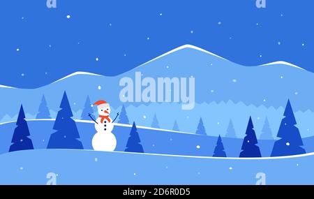 Winter landscape Vector winter background with snowman. Christmas landscape in flat style Stock Vector